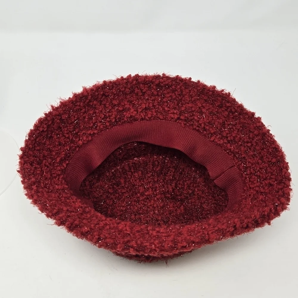 VINTAGE CEJON DARK RED BOUCLE METALLIC SPARKLE BUCKET HAT WOMEN OS COZY FESTIVE